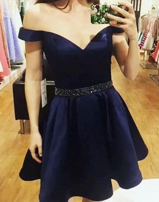 A-line Off The Shoulder Satin Short Prom Dresses with Pockets - Image 2