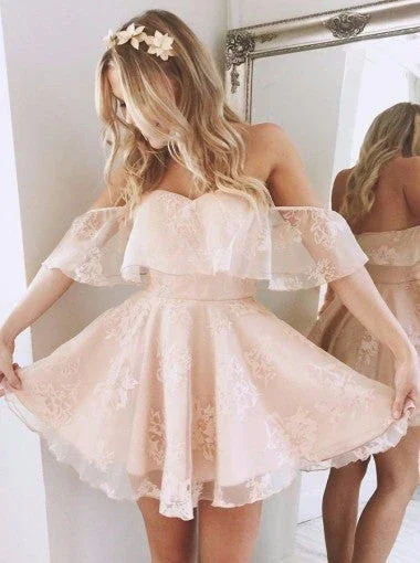 A-Line Off Shoulder Mid Back Lace Homecoming Dresses - Image 3