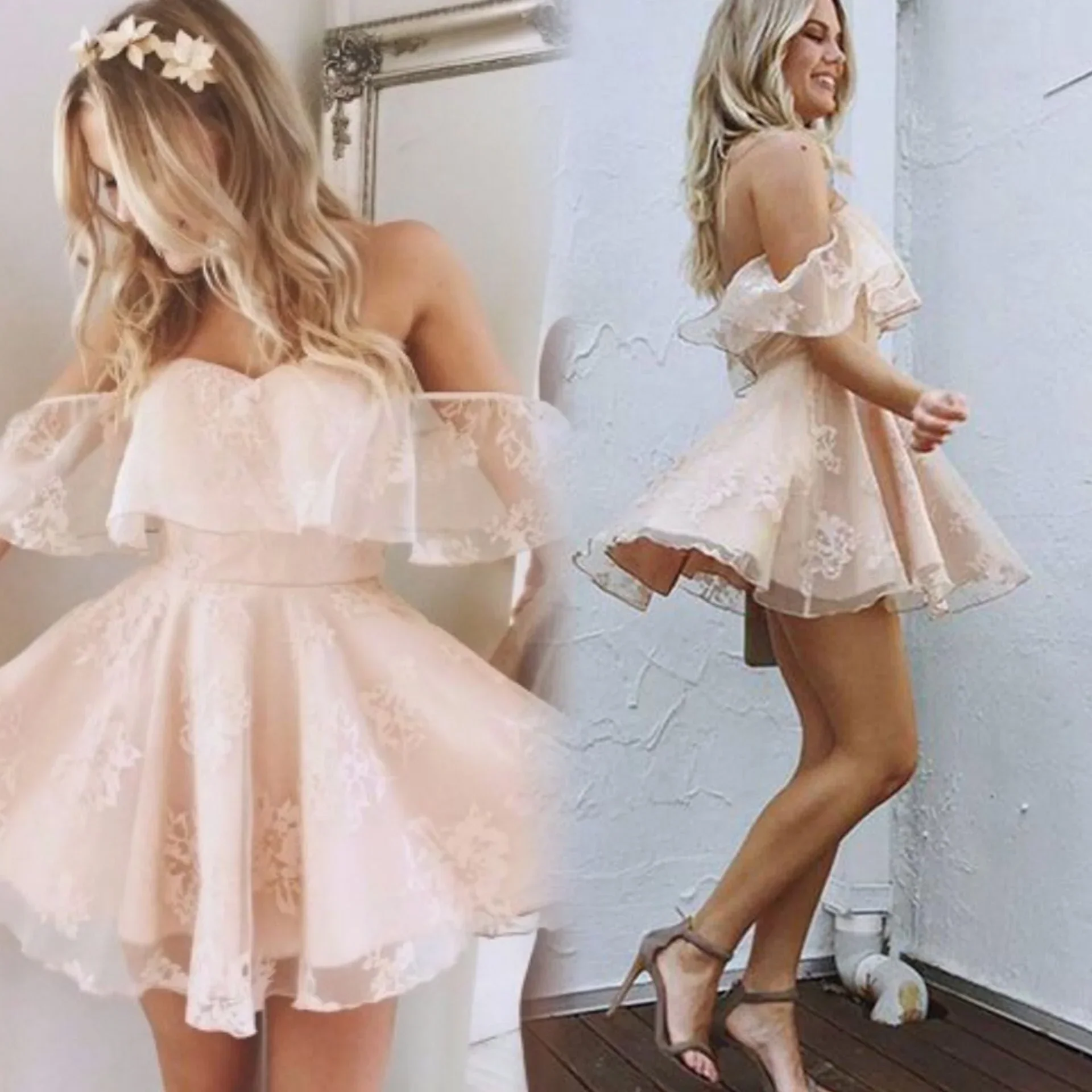 A-Line Off Shoulder Mid Back Lace Homecoming Dresses - Image 4