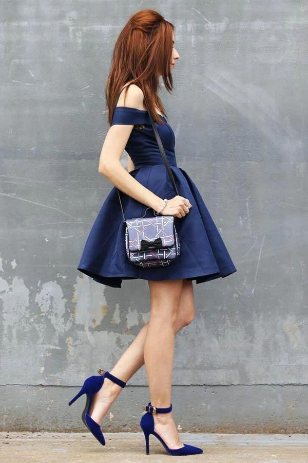 A-Line Off-the-Shoulder Short Navy Blue Satin Sleeveless Homecoming Dress PD404 - Image 2