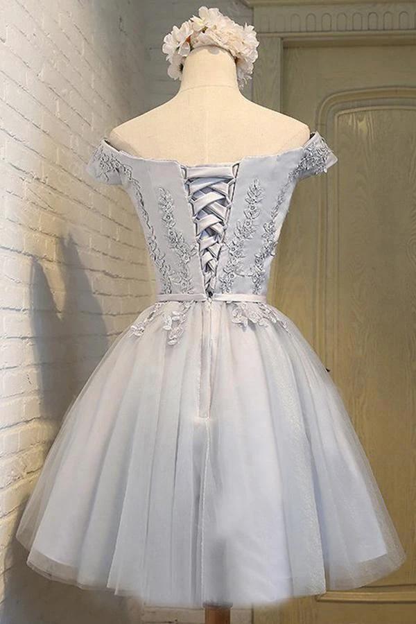 A-Line Off-the-Shoulder Short Sleeveless Grey Tulle Homecoming Dress PD139 - Image 2