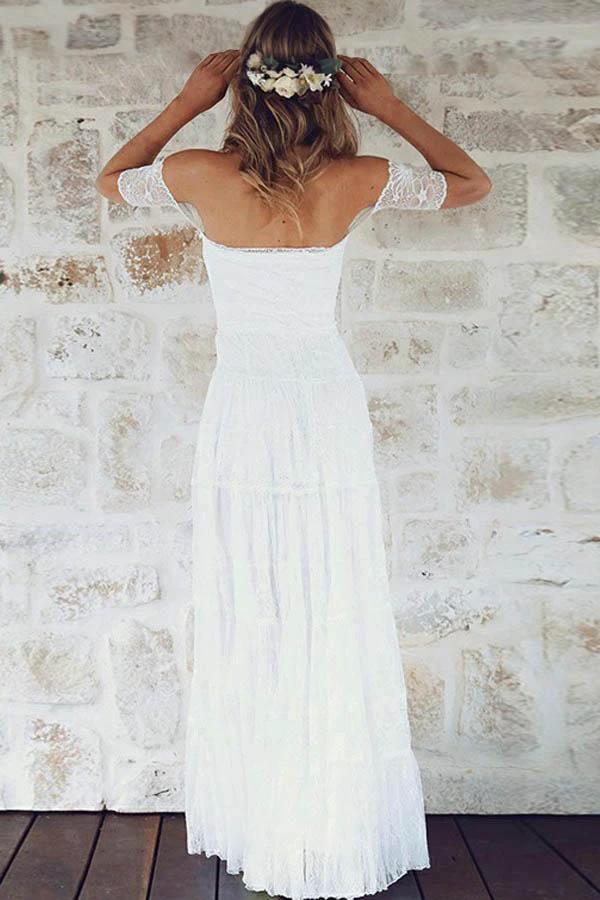 A-Line Off-the-Shoulder Short Sleeves Lace Boho Wedding Dress  WD396 - Image 3