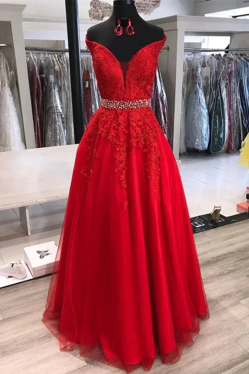 A-line Off the Shoulder Tulle Lace Long Prom Dresses with Belt Red Formal Evening Gowns - Image 2