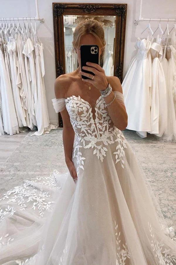 A-line Off-the-Shoulder Wedding Dresses With Lace Appliques Bridal Gown WD664 - Image 2