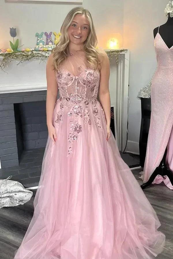 A-Line One Shoulder Appliques Tulle Pink Long Prom Dress PSK584 - Image 2