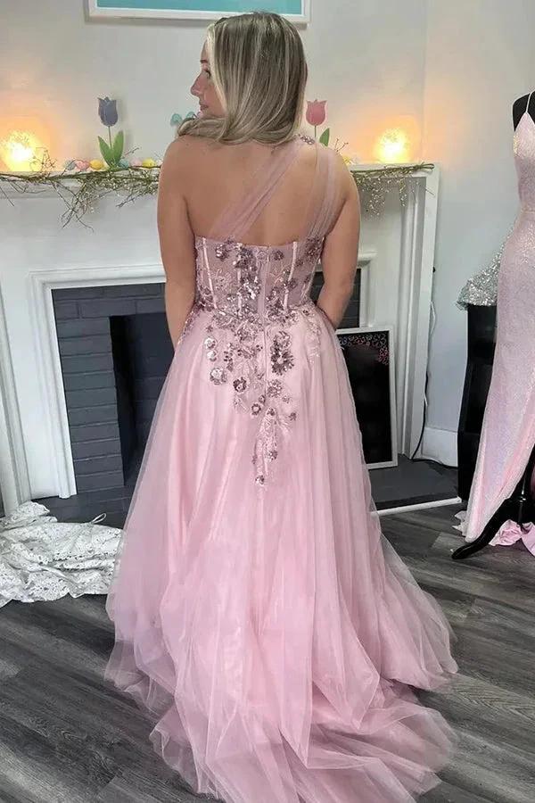 A-Line One Shoulder Appliques Tulle Pink Long Prom Dress PSK584 - Image 3
