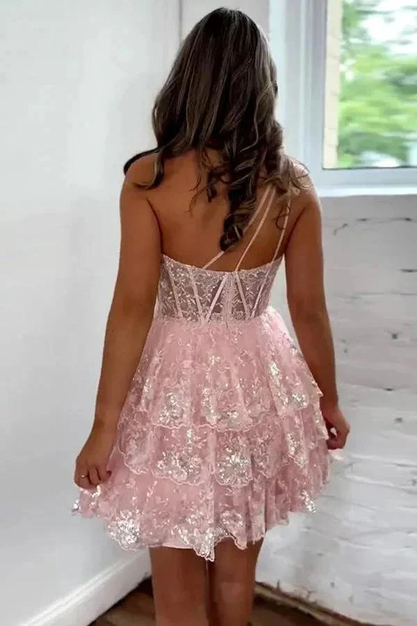 A-Line One Shoulder Cute Homecoming Dress With Appliques PD509 - Image 5