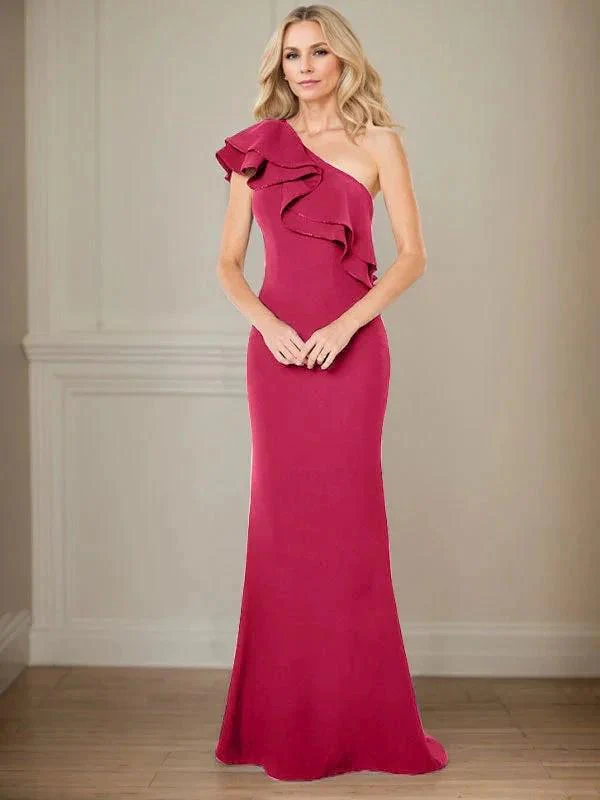 A-line One Shoulder Floor-Length Chiffon Mother of the Bride Dress With Ruffles - Image 10