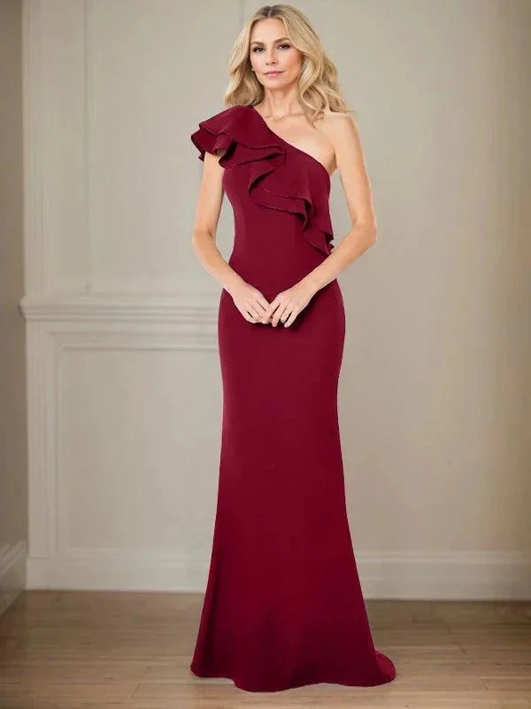 A-line One Shoulder Floor-Length Chiffon Mother of the Bride Dress With Ruffles - Image 11