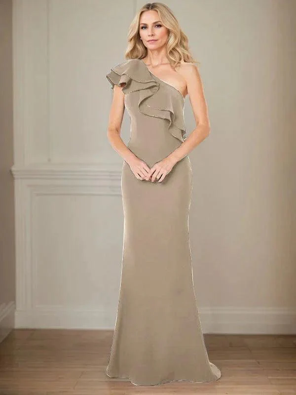 A-line One Shoulder Floor-Length Chiffon Mother of the Bride Dress With Ruffles - Image 12