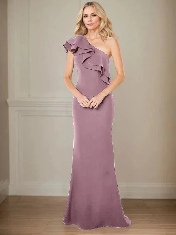 A-line One Shoulder Floor-Length Chiffon Mother of the Bride Dress With Ruffles - Image 14