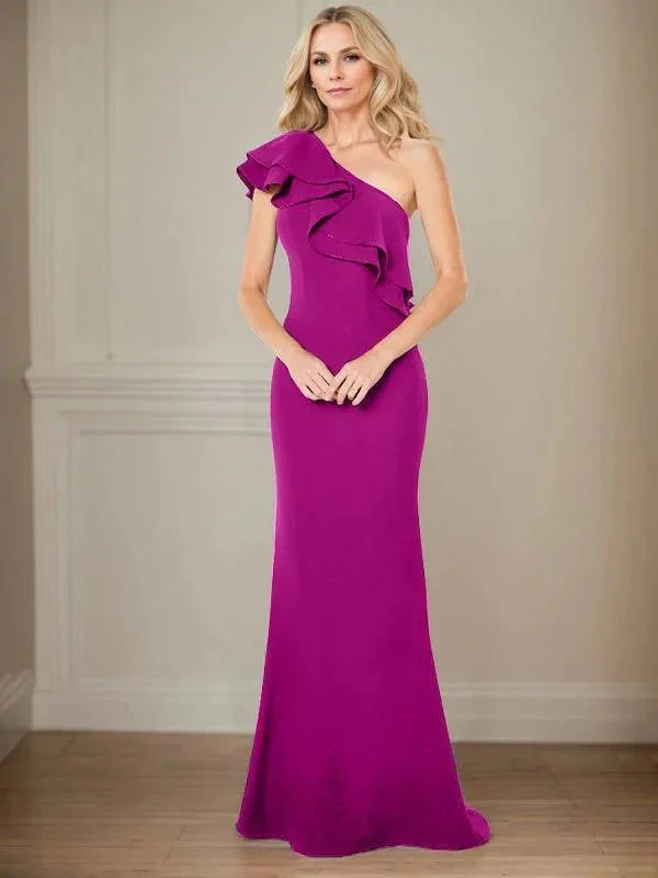 A-line One Shoulder Floor-Length Chiffon Mother of the Bride Dress With Ruffles - Image 15