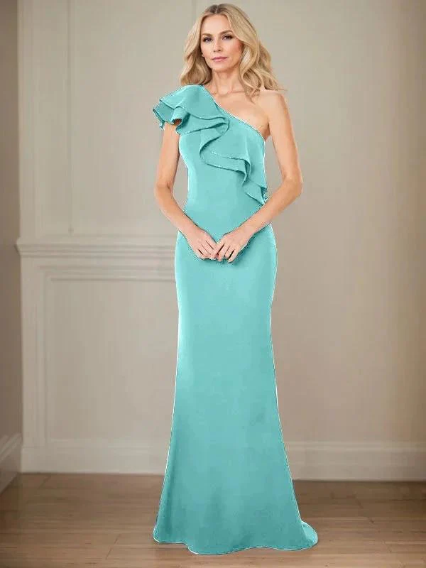 A-line One Shoulder Floor-Length Chiffon Mother of the Bride Dress With Ruffles - Image 24