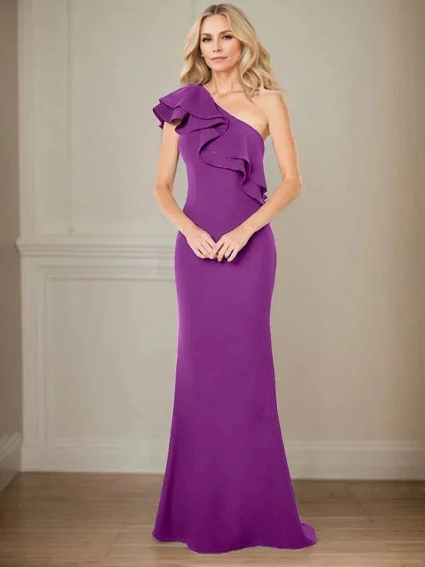 A-line One Shoulder Floor-Length Chiffon Mother of the Bride Dress With Ruffles - Image 32