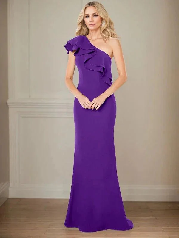 A-line One Shoulder Floor-Length Chiffon Mother of the Bride Dress With Ruffles - Image 33