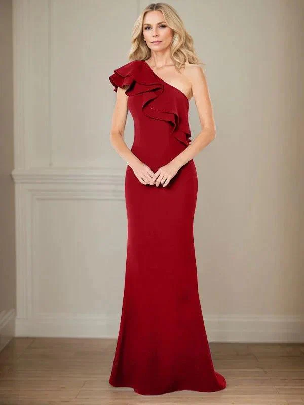 A-line One Shoulder Floor-Length Chiffon Mother of the Bride Dress With Ruffles - Image 34