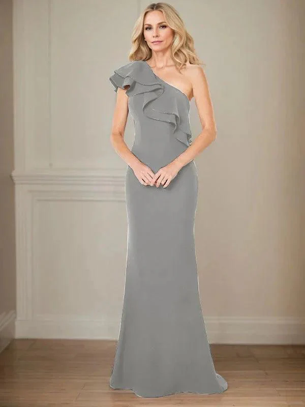 A-line One Shoulder Floor-Length Chiffon Mother of the Bride Dress With Ruffles - Image 37