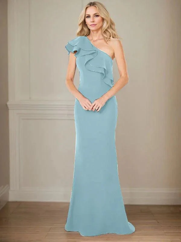 A-line One Shoulder Floor-Length Chiffon Mother of the Bride Dress With Ruffles - Image 38