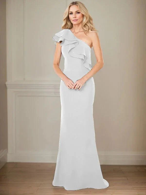 A-line One Shoulder Floor-Length Chiffon Mother of the Bride Dress With Ruffles - Image 39