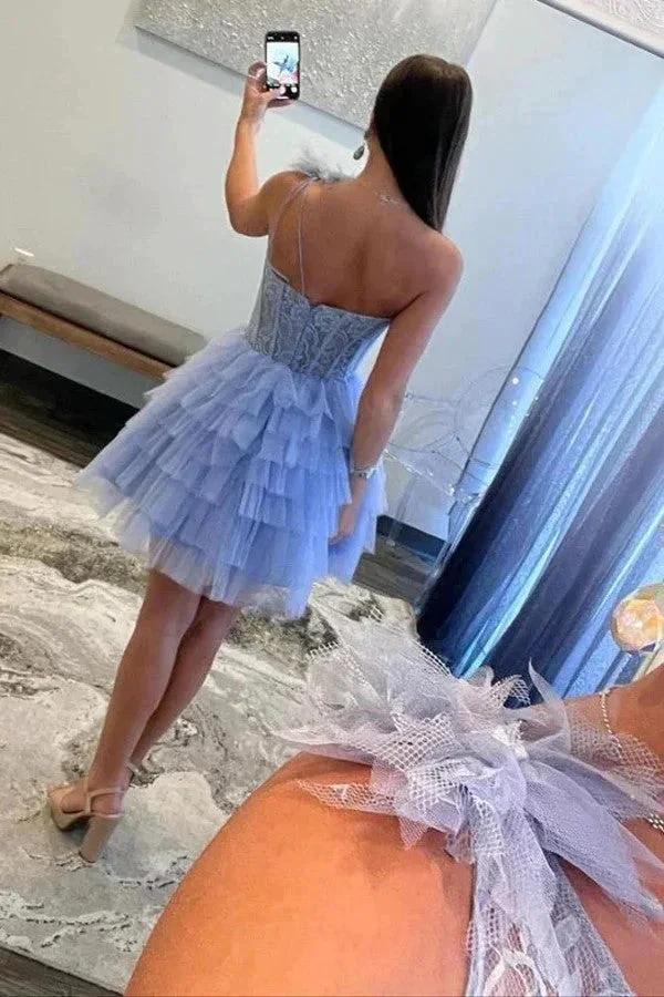 A-Line One Shoulder Lace Layered Lavender Homecoming Dress PD516 - Image 3