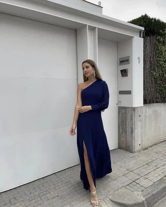 A Line One Shoulder Long Sleeve Formal Evening Dress With Slit Y6395 - Image 2