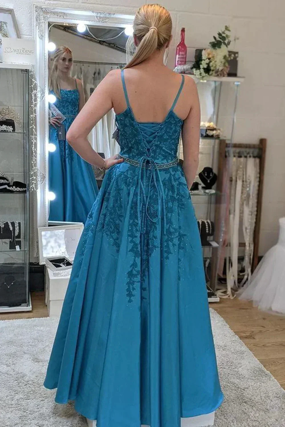 A Line Open Back Blue Lace Long Prom Dresses with Belt, Blue Lace Formal Dresses, Blue Evening Dresses Y174 - Image 2