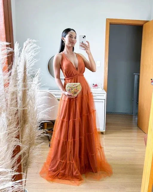 A Line Orange Formal Evening Dress Prom Party Long Gown Y5111 - Image 2