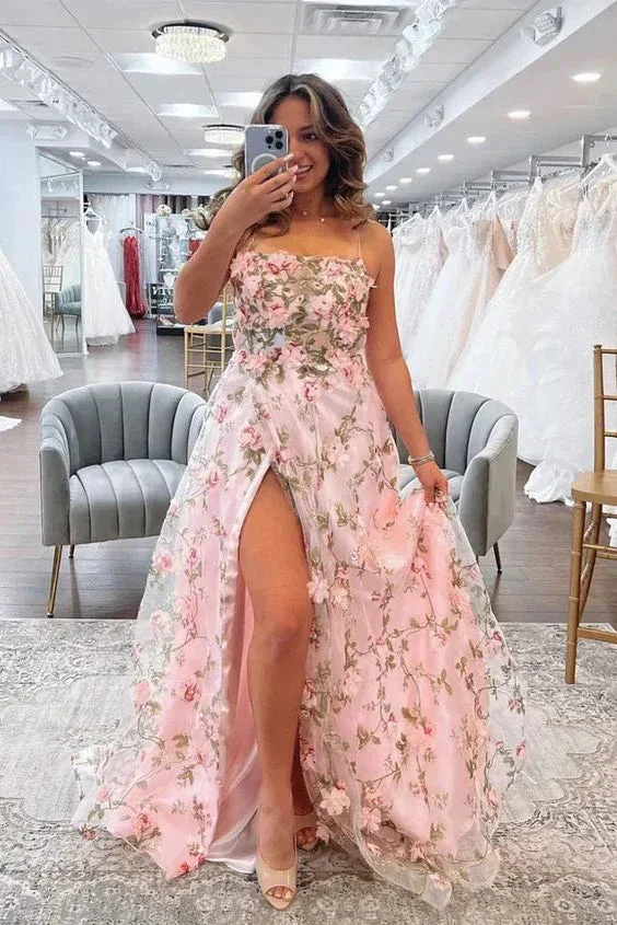 A Line Pink Floral Long Prom Dresses with High Slit Formal Graduation Evening Dresses Y5893 - Image 2
