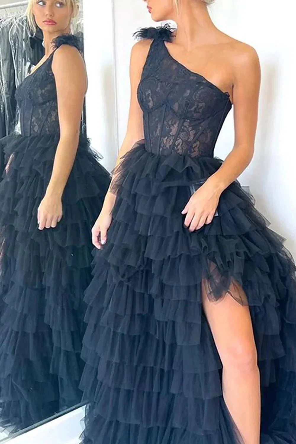 Kinsley | A Line One Shoulder Tiered Long Prom Dress - Image 5
