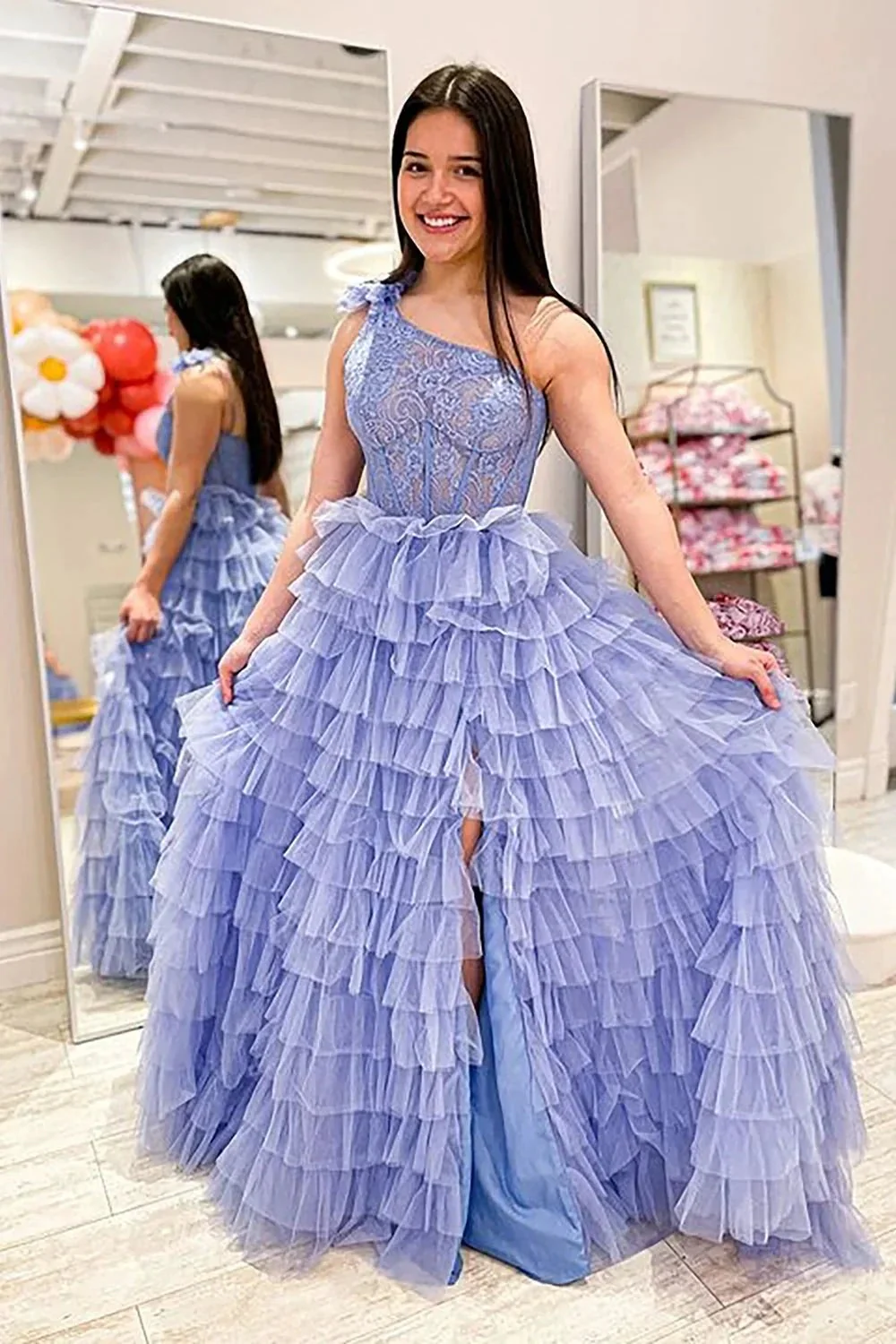 Kinsley | A Line One Shoulder Tiered Long Prom Dress - Image 8
