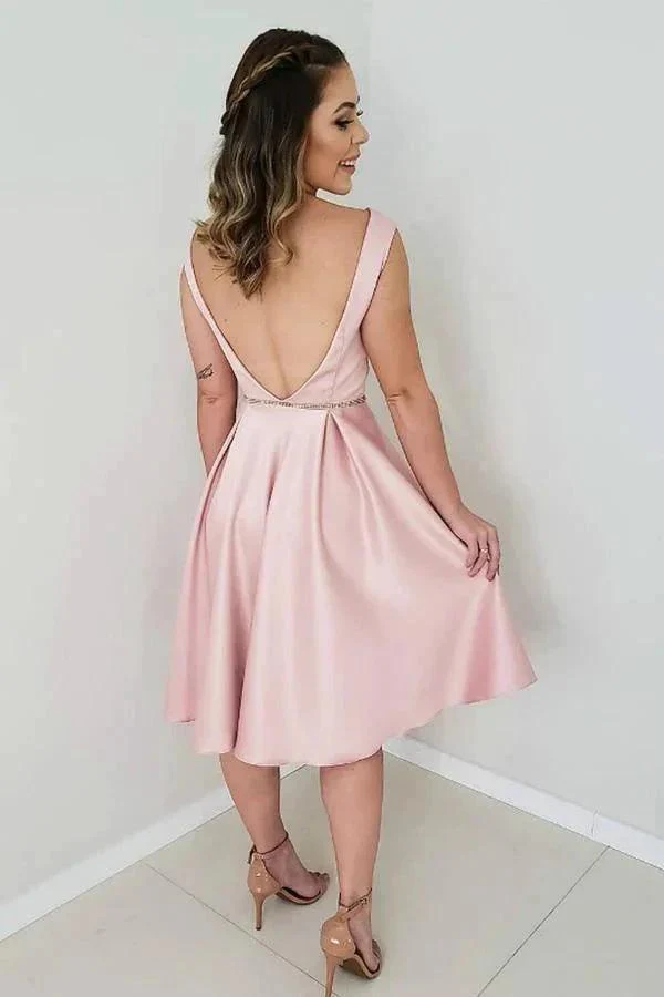 A-Line Pink Satin Backless Short Prom Dress Homecoming Dress PD311 - Image 2