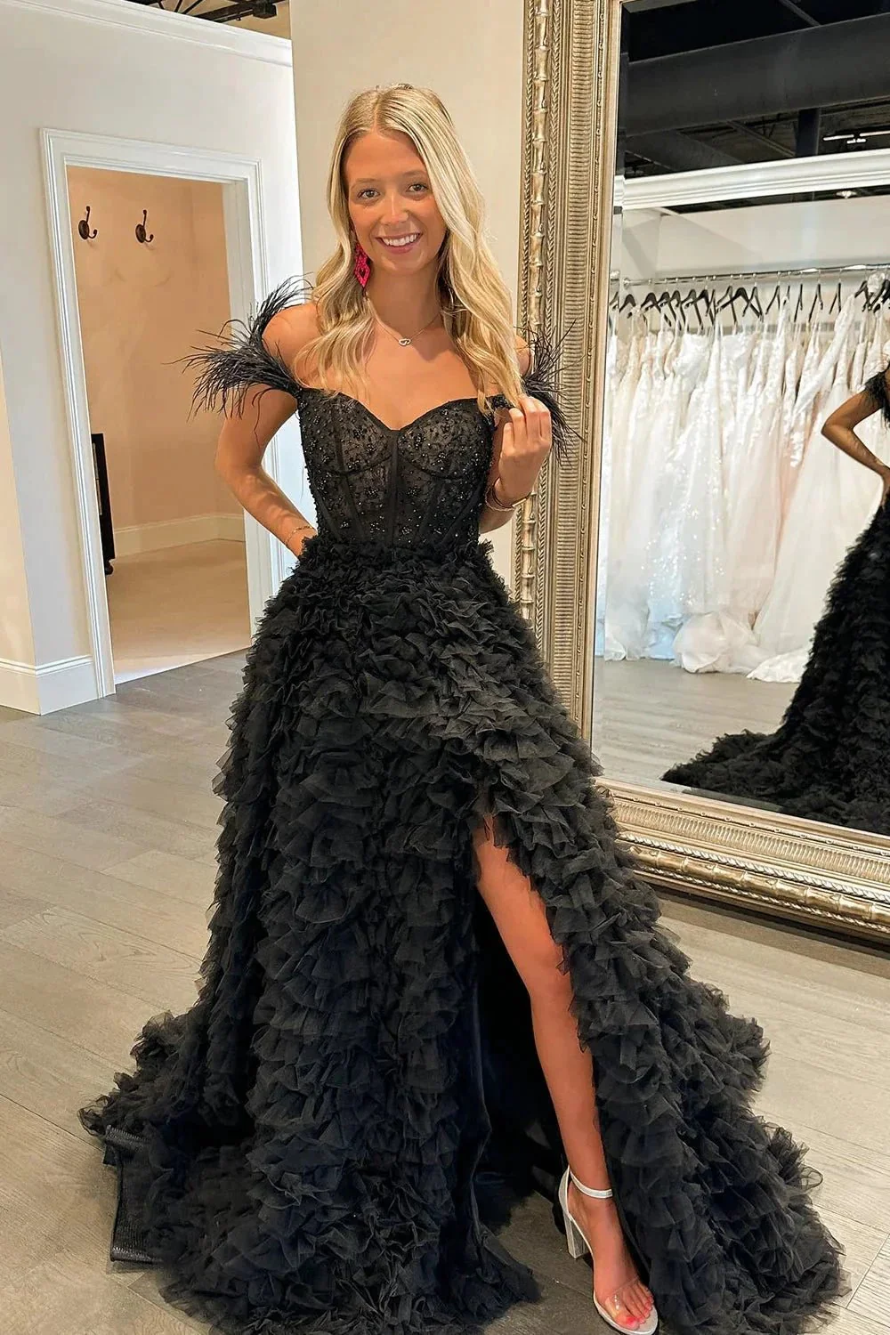 Ingrid |A Line Sweetheart Tiered Tulle Long Prom Dress With Slit - Image 10