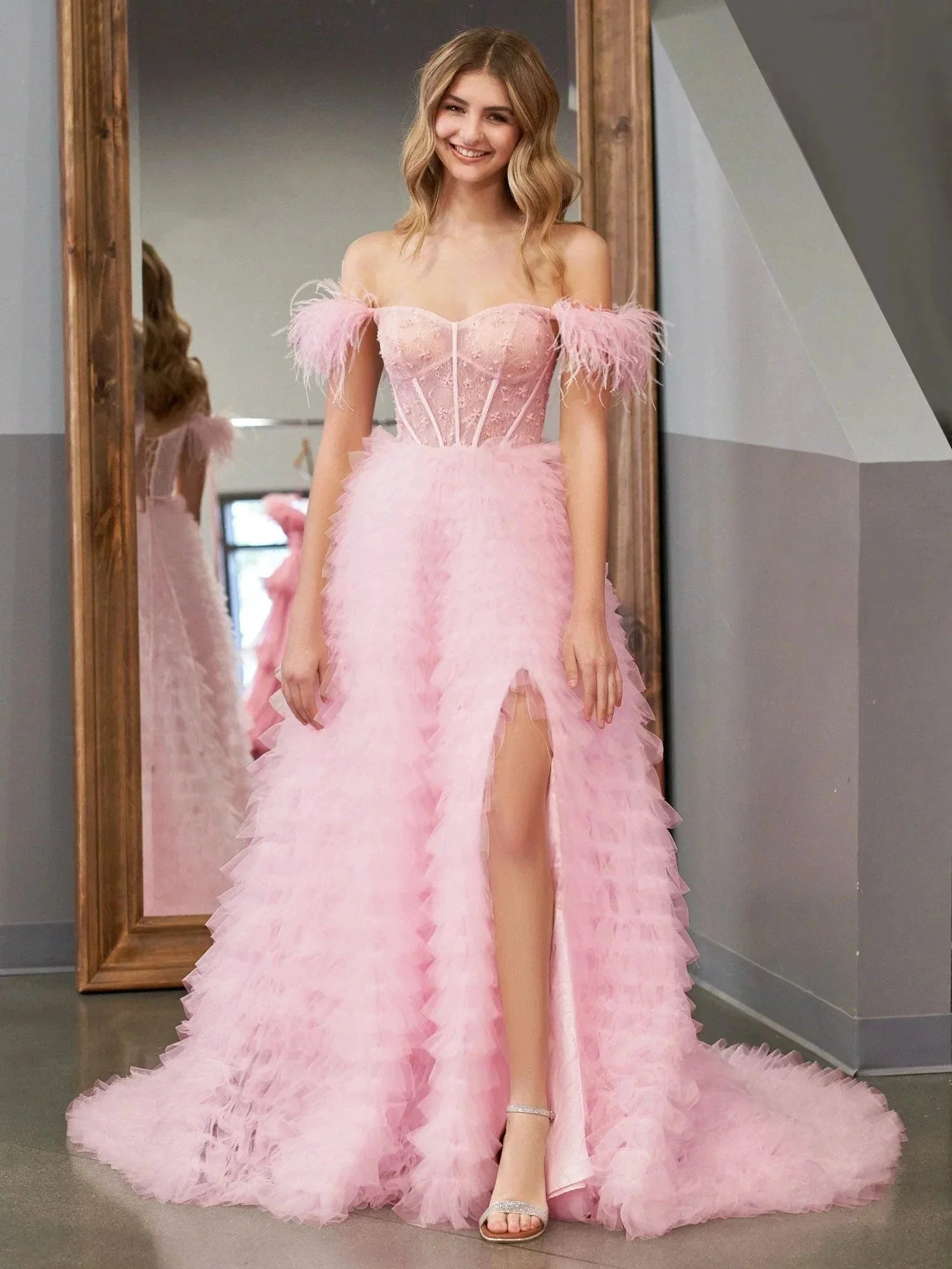Ingrid |A Line Sweetheart Tiered Tulle Long Prom Dress With Slit - Image 2
