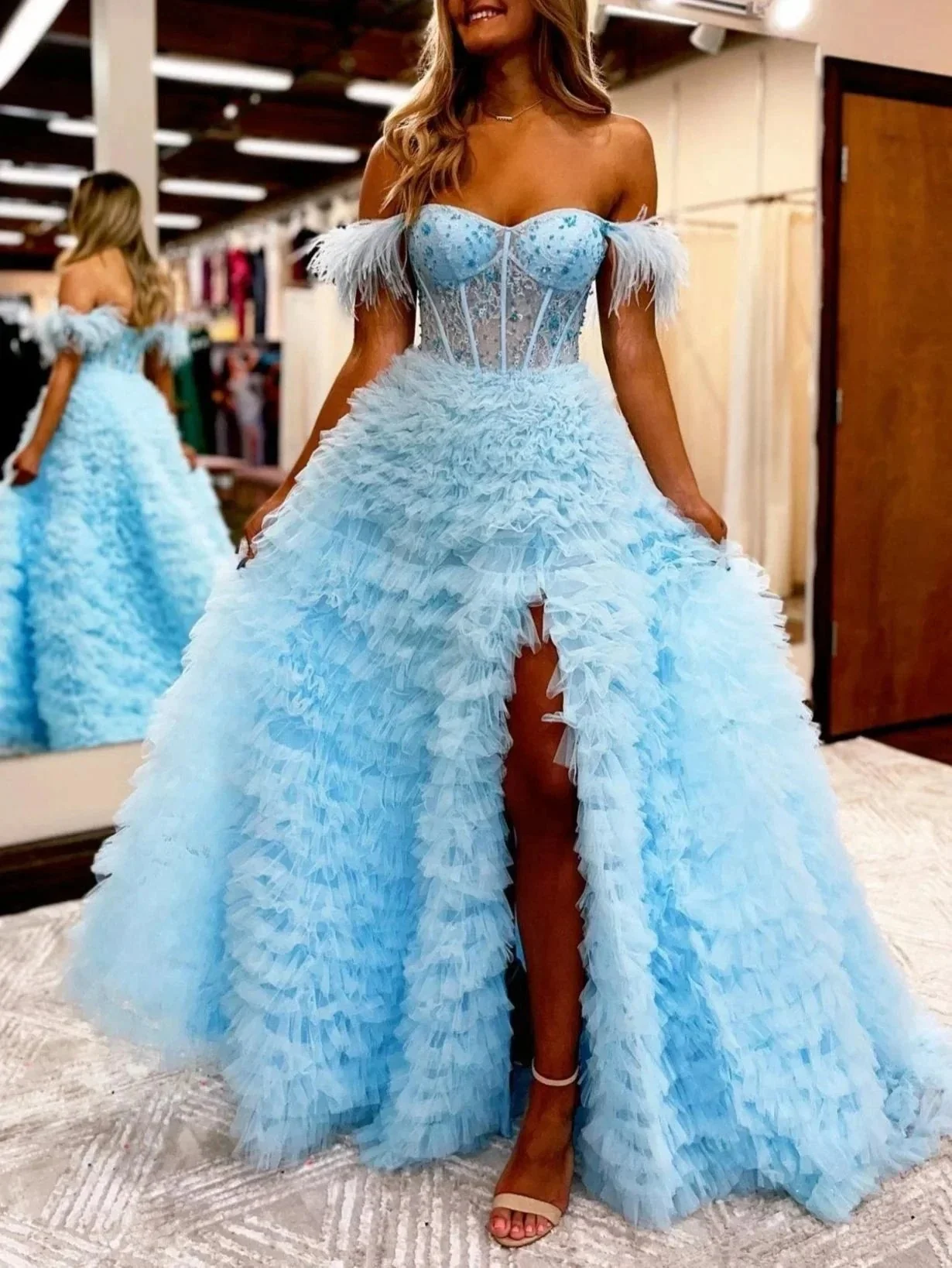 Ingrid |A Line Sweetheart Tiered Tulle Long Prom Dress With Slit - Image 9