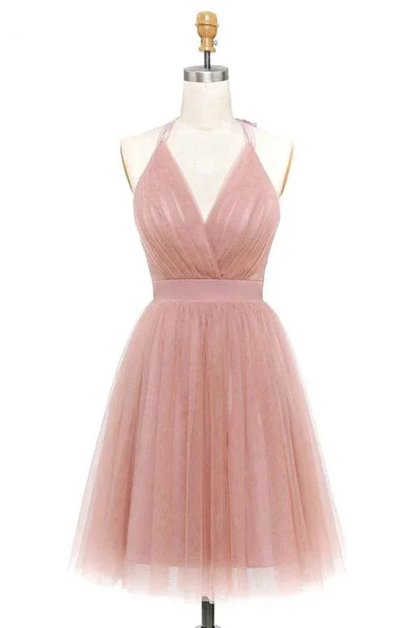 A-Line Pink Tulle Deep V-neck Backless Pleats Mini Homecoming Dress PD440 - Image 2