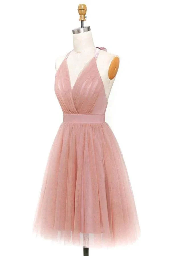 A-Line Pink Tulle Deep V-neck Backless Pleats Mini Homecoming Dress PD440 - Image 3