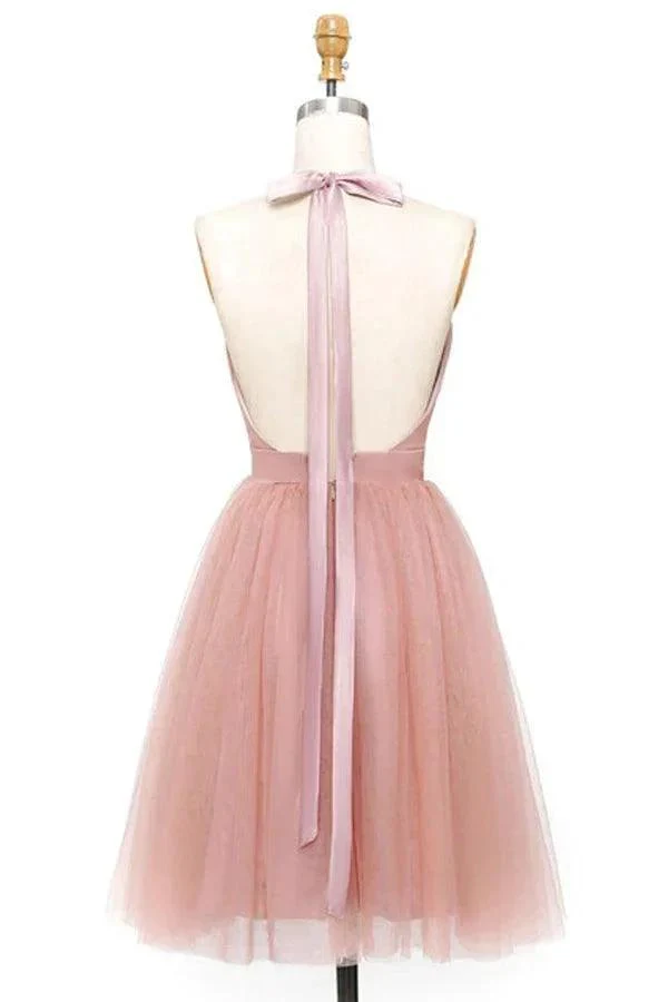 A-Line Pink Tulle Deep V-neck Backless Pleats Mini Homecoming Dress PD440 - Image 4