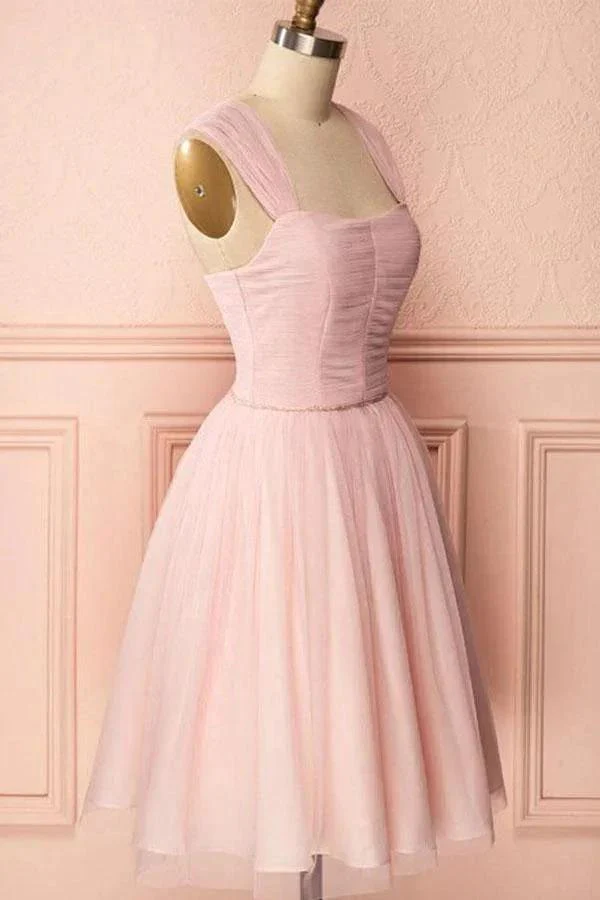 A-Line Pink Tulle Straps Pleats Beading Homecoming Dress Short Prom Dress  PD274 - Image 2