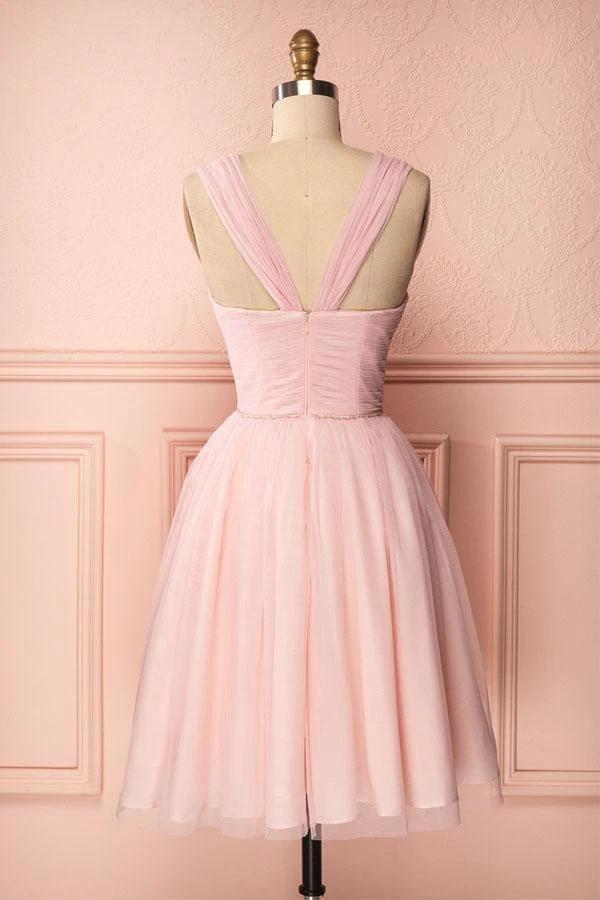 A-Line Pink Tulle Straps Pleats Beading Homecoming Dress Short Prom Dress  PD274 - Image 3