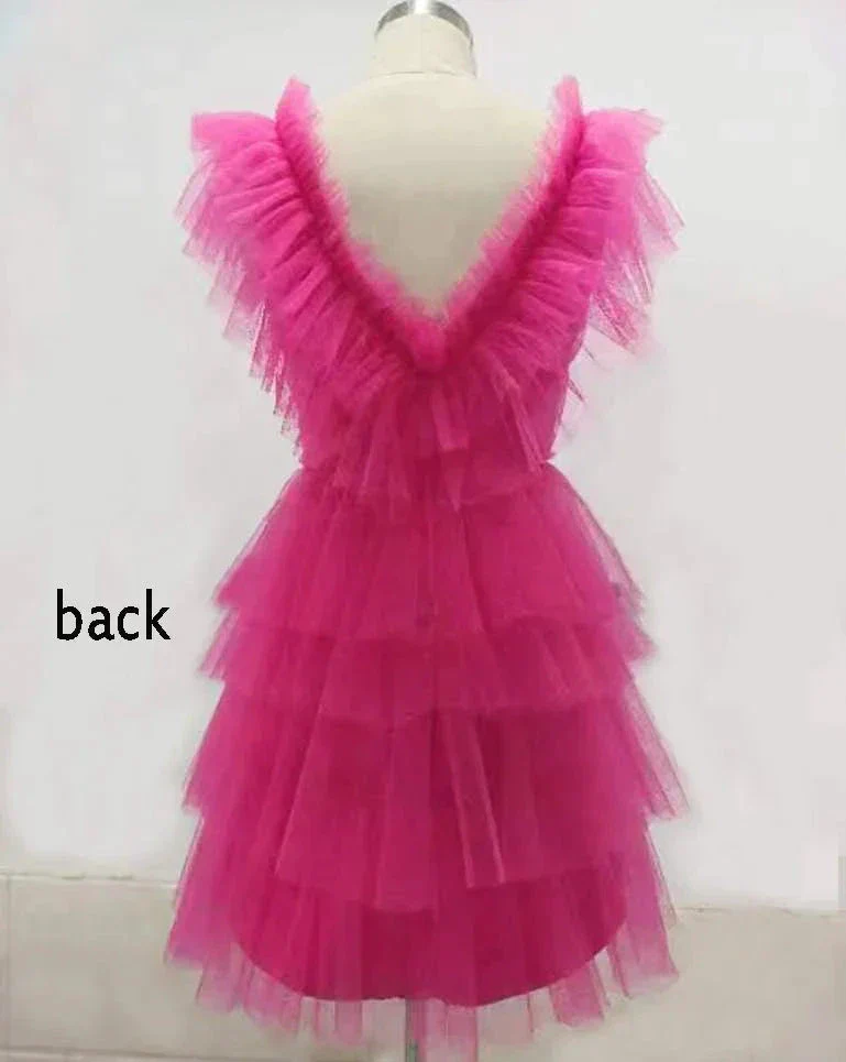 A Line V Neck Tiered Homecoming Dress Tulle Short Prom Party Dresses Y1458 - Image 2