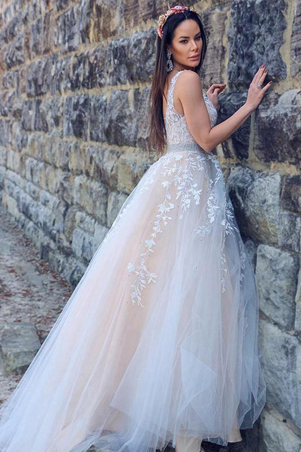 A-Line/Princess Applique Tulle Sleeveless V-neck Sweep Train Dresses WD537 - Image 4