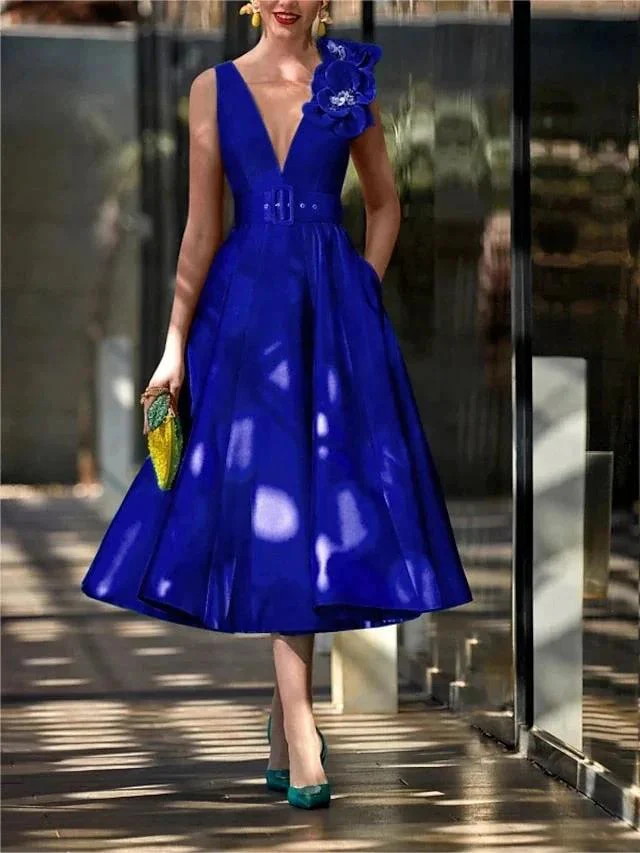 A-Line/Princess V Neck Sleeveless Tea-Length Mother of the Bride Dresses with Belt Ruffles Applique - Image 5