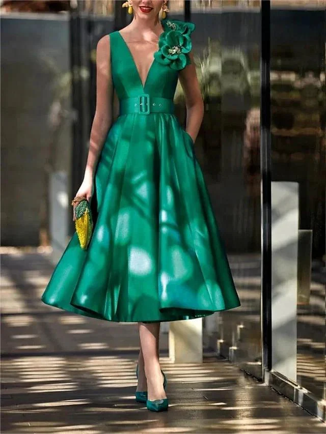 A-Line/Princess V Neck Sleeveless Tea-Length Mother of the Bride Dresses with Belt Ruffles Applique - Image 6