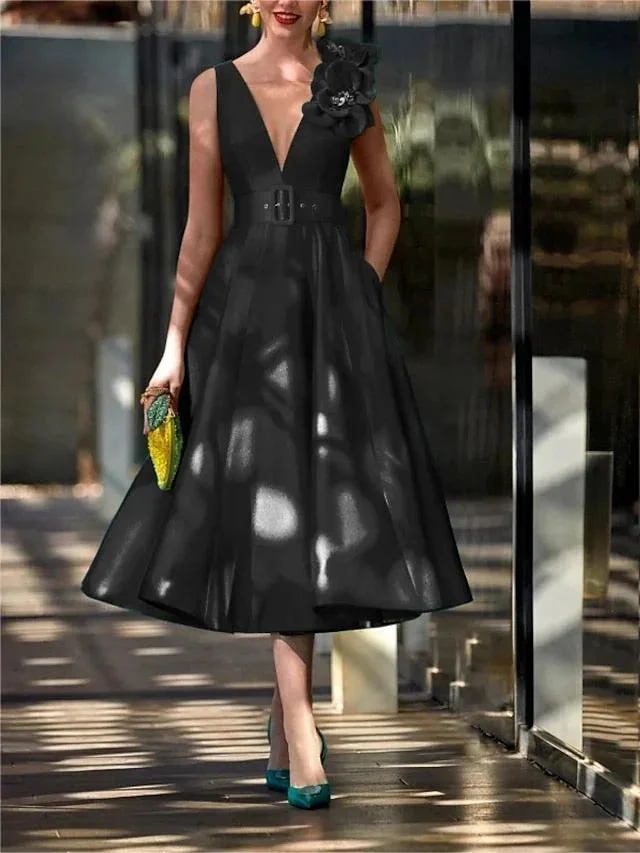 A-Line/Princess V Neck Sleeveless Tea-Length Mother of the Bride Dresses with Belt Ruffles Applique - Image 7