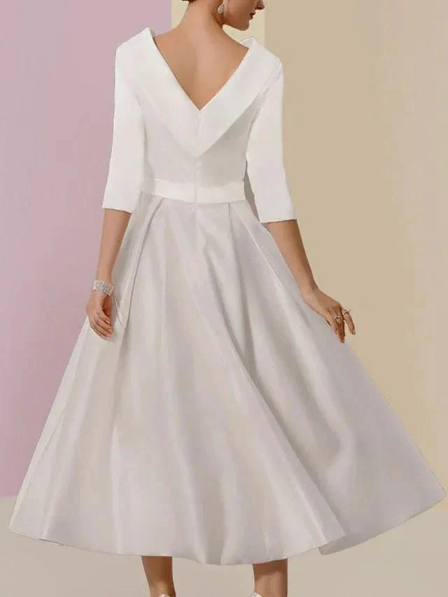 A-Line/Princess Jewel Neck Half Sleeve Tea Length Mother of the Bride Dresses with Pockets Pleats - Image 2