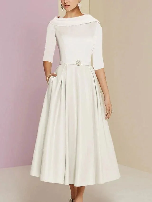 A-Line/Princess Jewel Neck Half Sleeve Tea Length Mother of the Bride Dresses with Pockets Pleats - Image 5