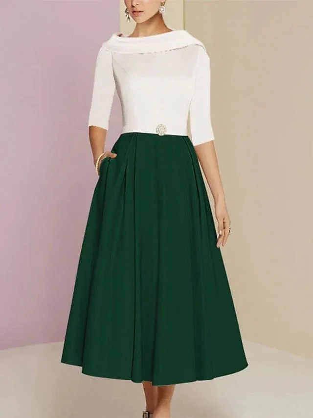 A-Line/Princess Jewel Neck Half Sleeve Tea Length Mother of the Bride Dresses with Pockets Pleats - Image 6
