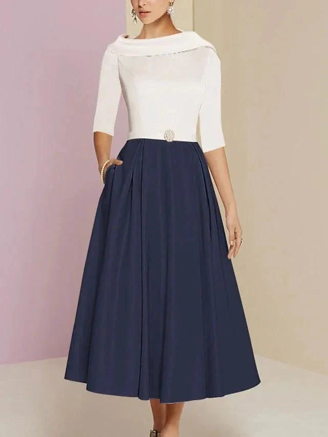A-Line/Princess Jewel Neck Half Sleeve Tea Length Mother of the Bride Dresses with Pockets Pleats - Image 7