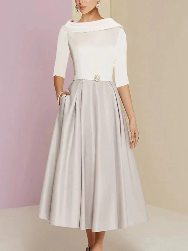 A-Line/Princess Jewel Neck Half Sleeve Tea Length Mother of the Bride Dresses with Pockets Pleats - Image 8