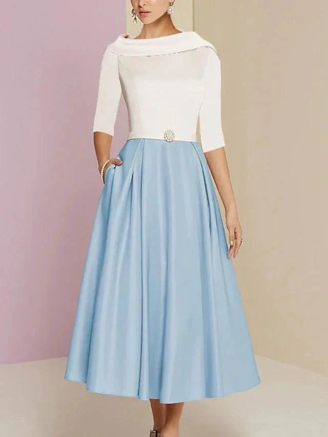 A-Line/Princess Jewel Neck Half Sleeve Tea Length Mother of the Bride Dresses with Pockets Pleats - Image 9